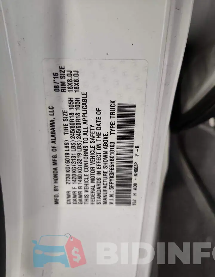 5FPYK3F65HB010103 Photo# 12