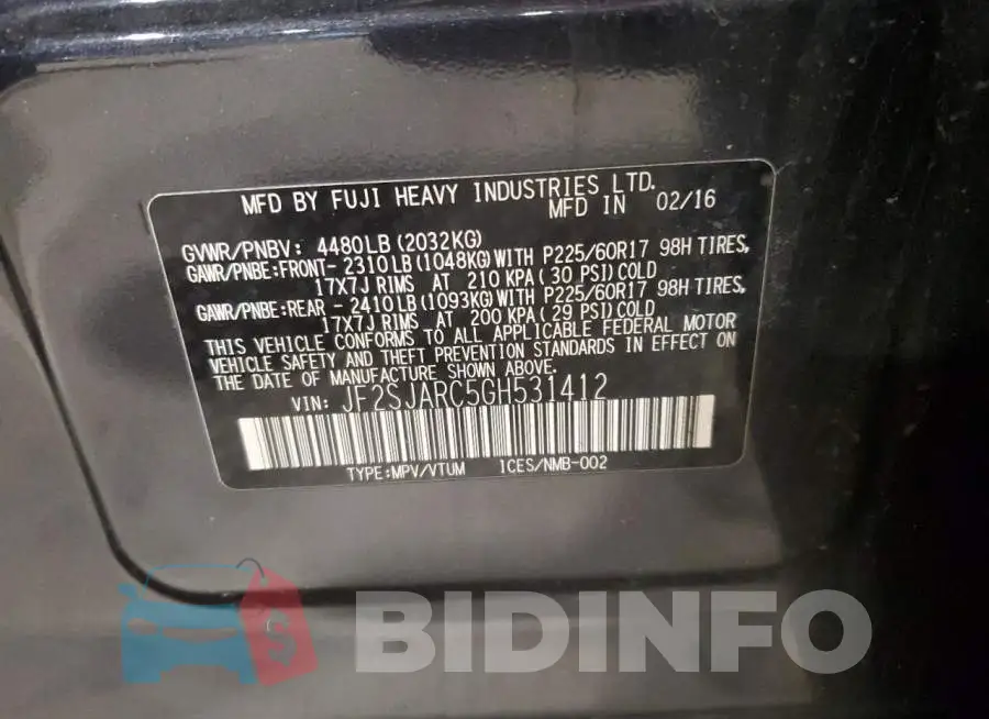 JF2SJARC5GH531412 Photo# 13