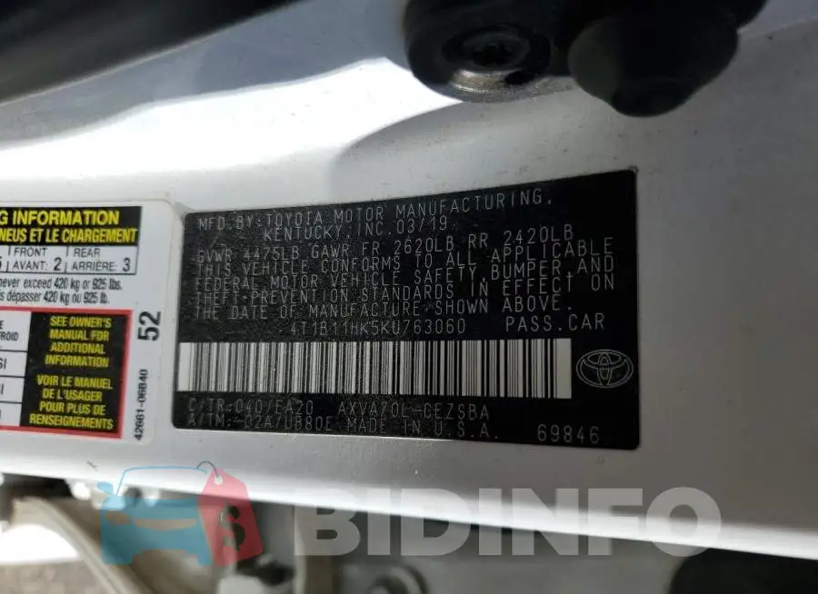 4T1B11HK5KU763060 Photo# 12