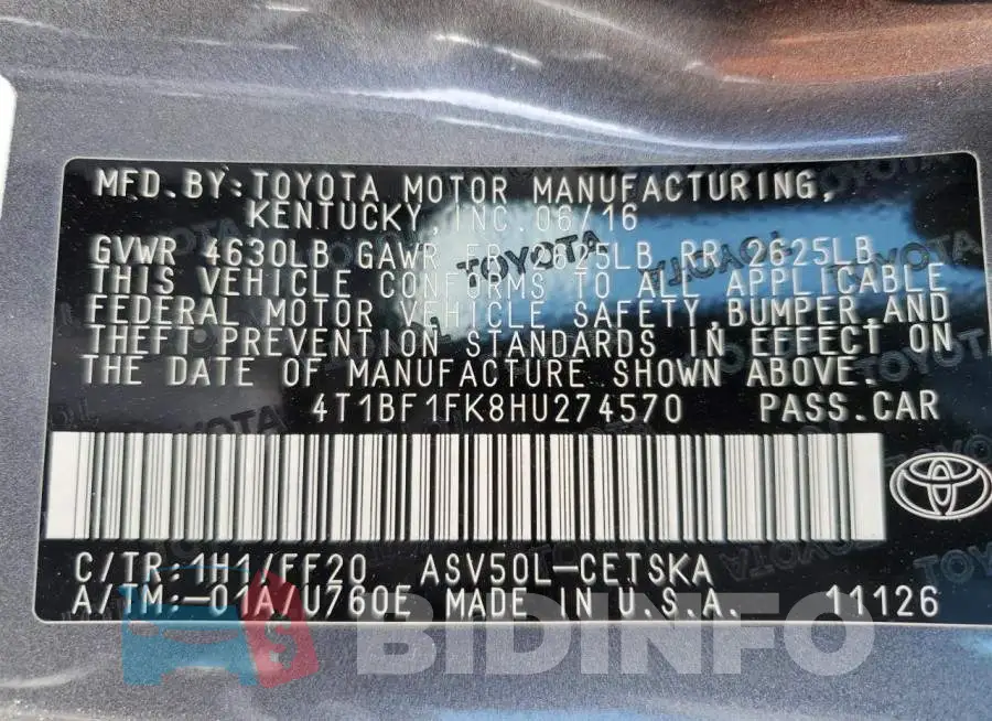 4T1BF1FK8HU274570 Photo# 12