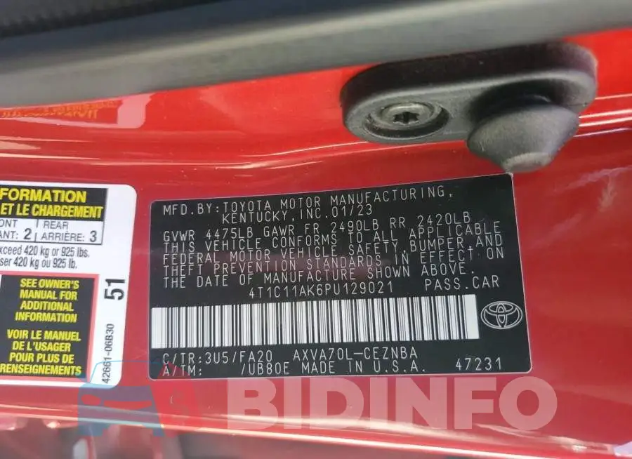 4T1C11AK6PU129021 Photo# 12