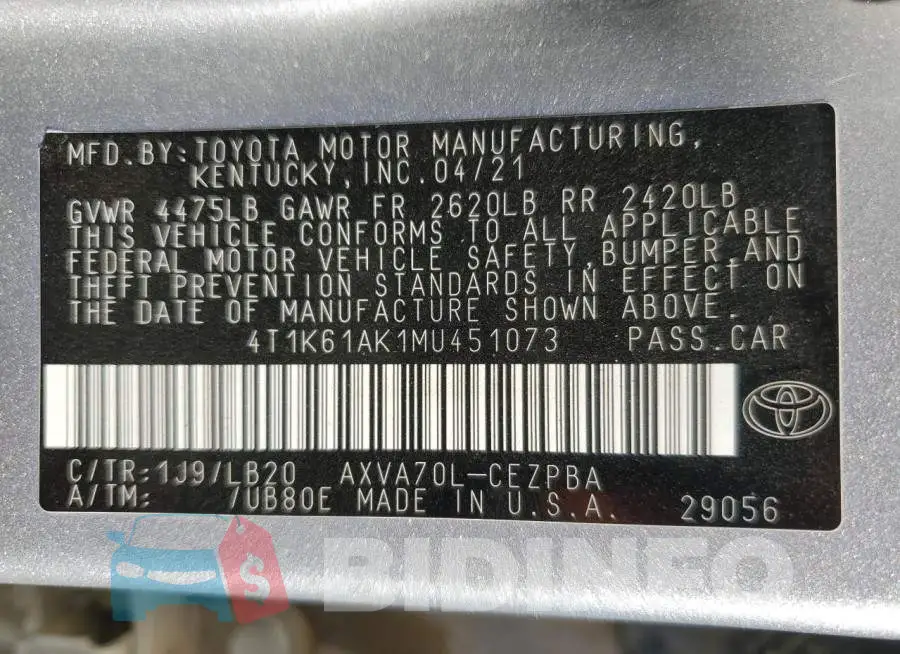 4T1K61AK1MU451073 Photo# 12