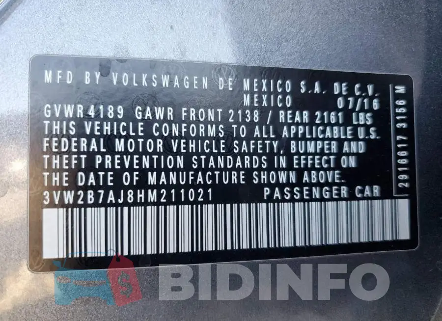 3VW2B7AJ8HM211021 Photo# 12