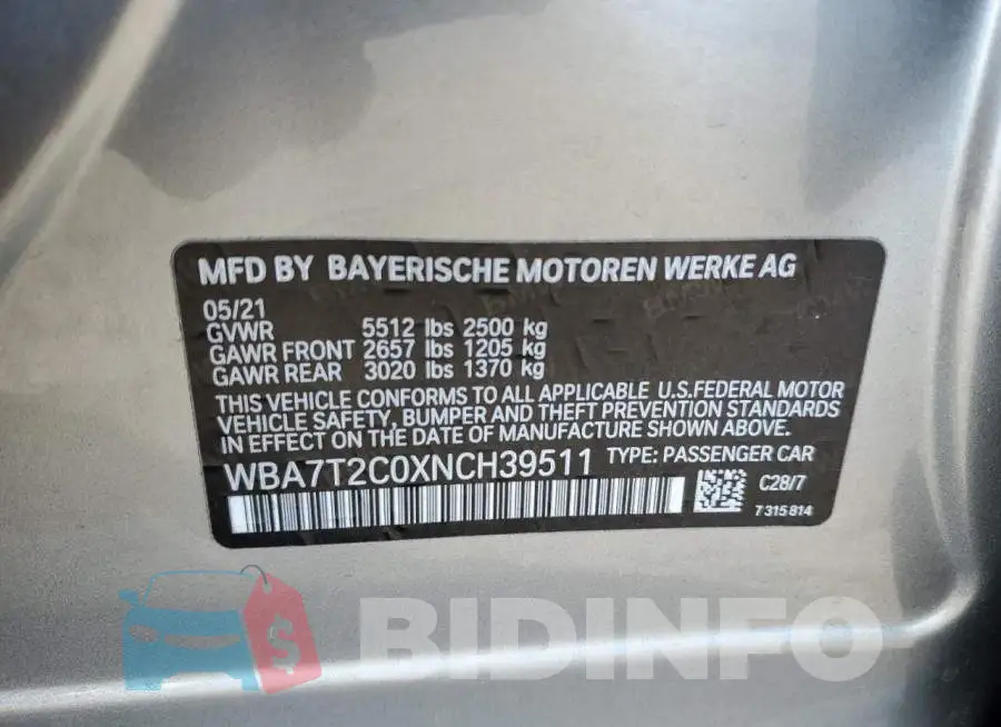 WBA7T2C0XNCH39511 Photo# 12