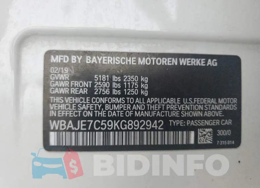 WBAJE7C59KG892942 Photo# 12