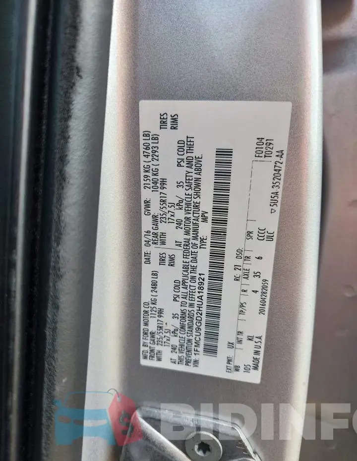 1FMCU9GD2HUA18921 Photo# 13