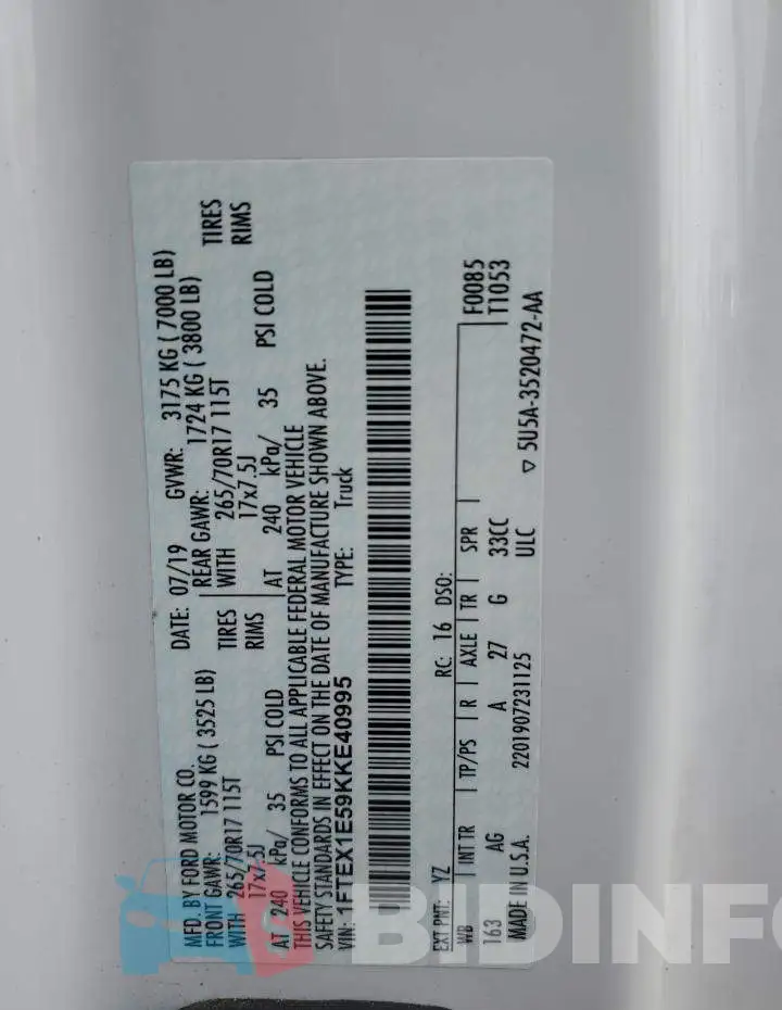 1FTEX1E59KKE40995 Photo# 12