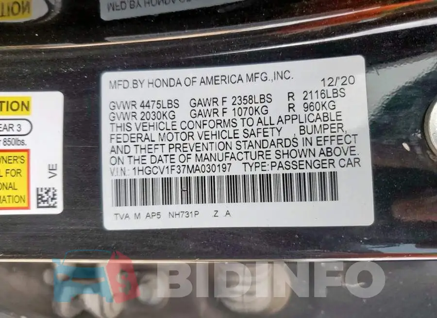 1HGCV1F37MA030197 Photo# 12