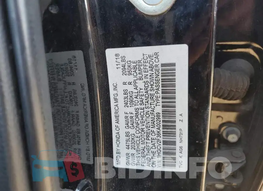 1HGCV2F36KA002989 Photo# 12