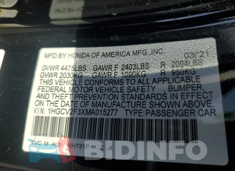 1HGCV2F3XMA015277 Photo# 12