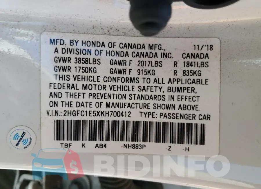 2HGFC1E5XKH700412 Photo# 12