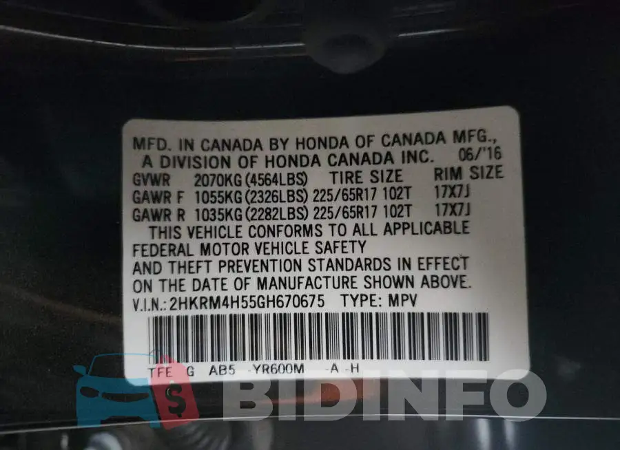 2HKRM4H55GH670675 Photo# 13