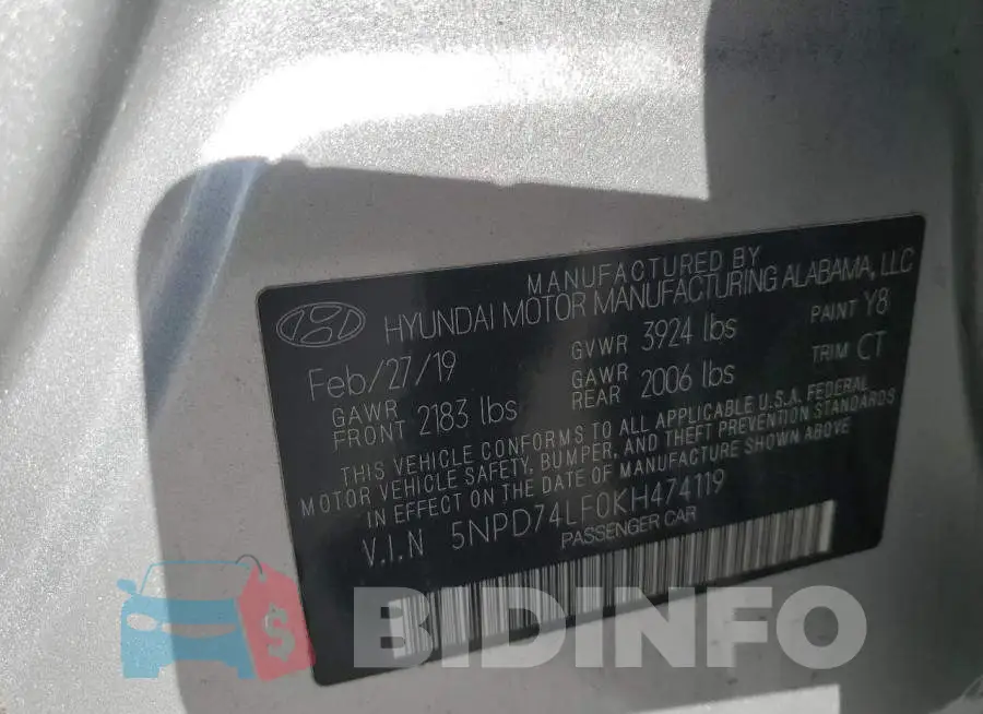 5NPD74LF0KH474119 Photo# 12