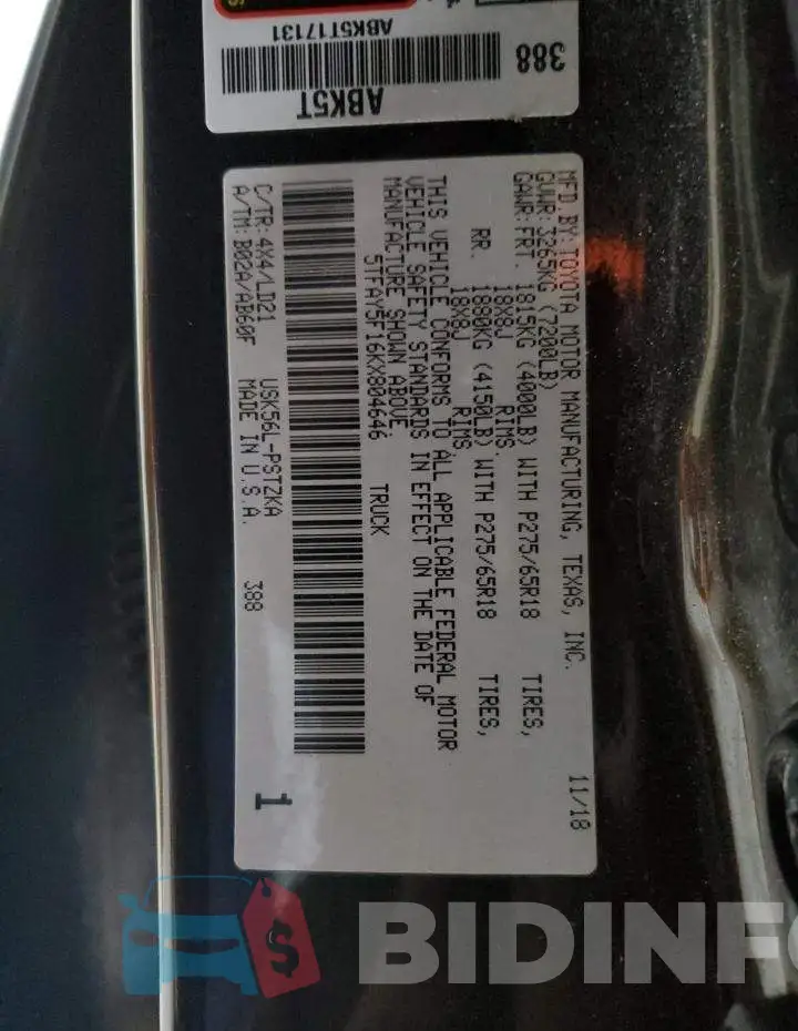 5TFAY5F16KX804646 Photo# 13
