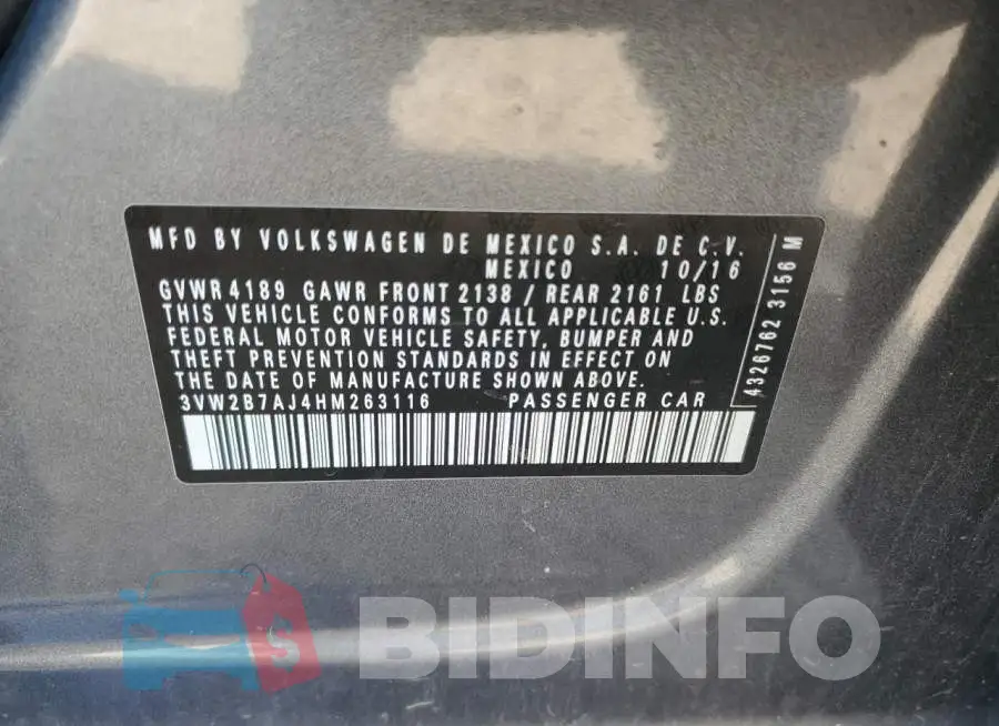 3VW2B7AJ4HM263116 Photo# 12