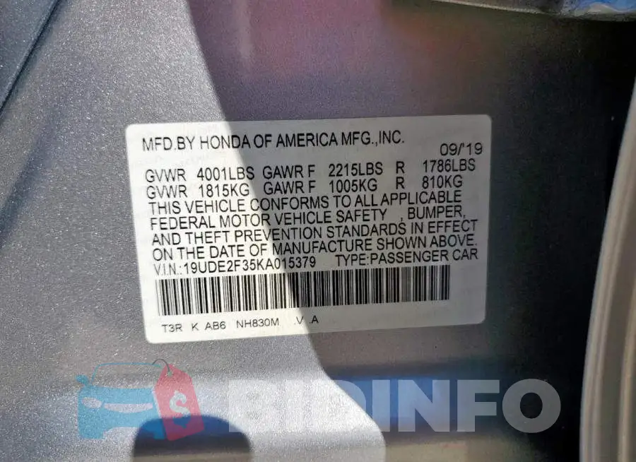 19UDE2F35KA015379 Photo# 12
