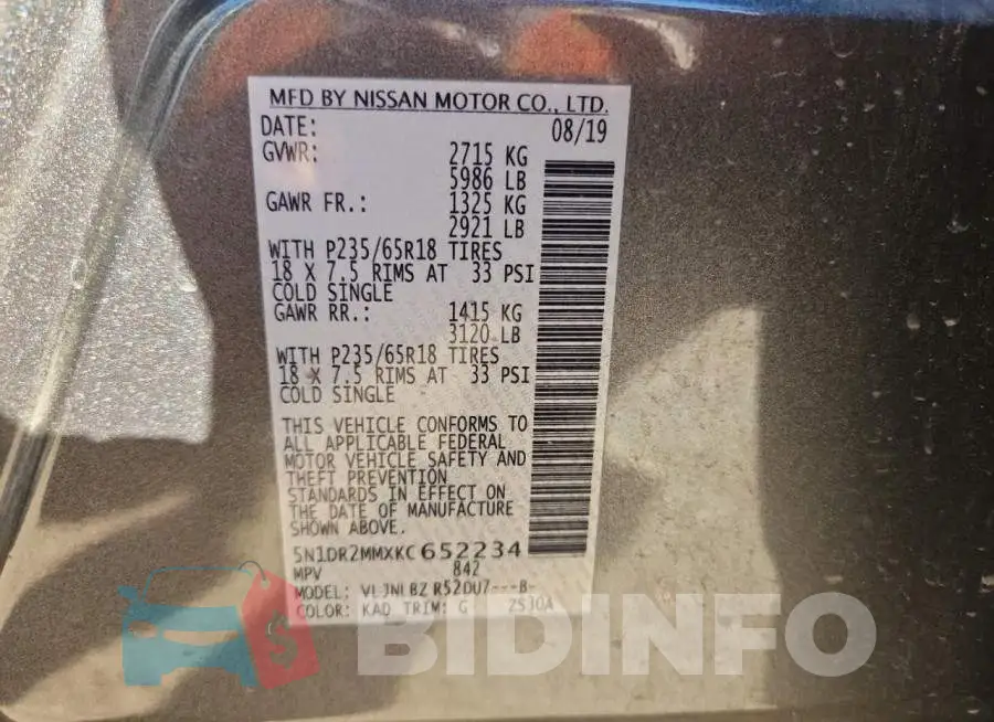 5N1DR2MMXKC652234 Photo# 13