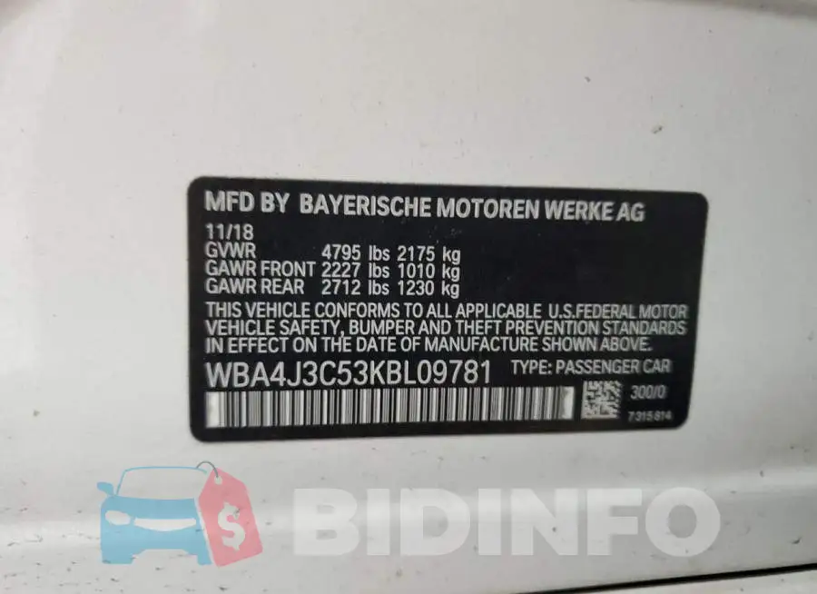 WBA4J3C53KBL09781 Photo# 12