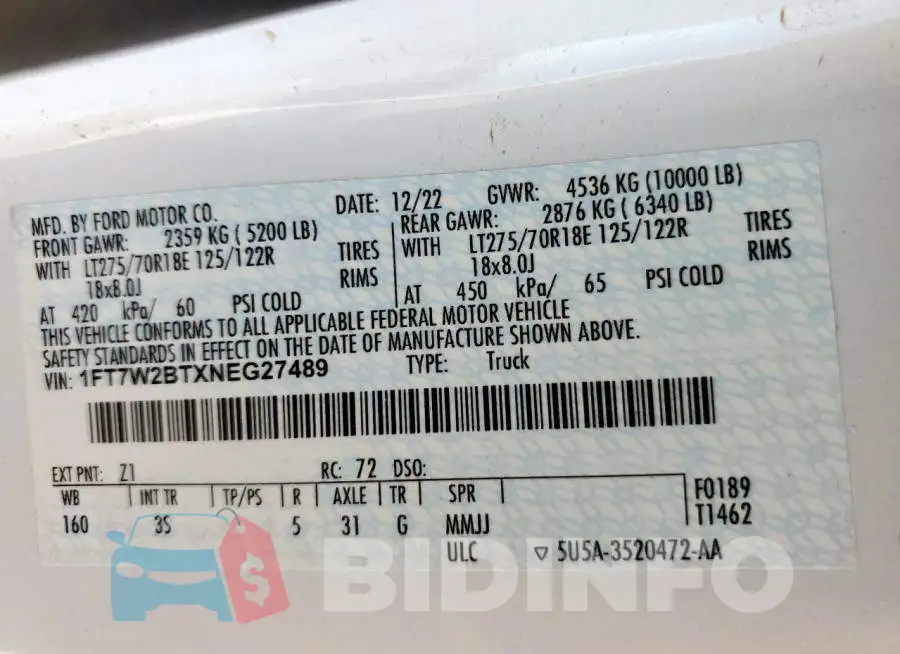 1FT7W2BTXNEG27489 Photo# 13