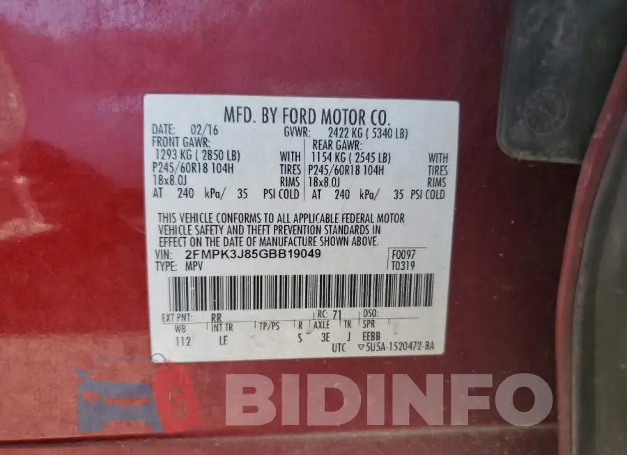 2FMPK3J85GBB19049 Photo# 13