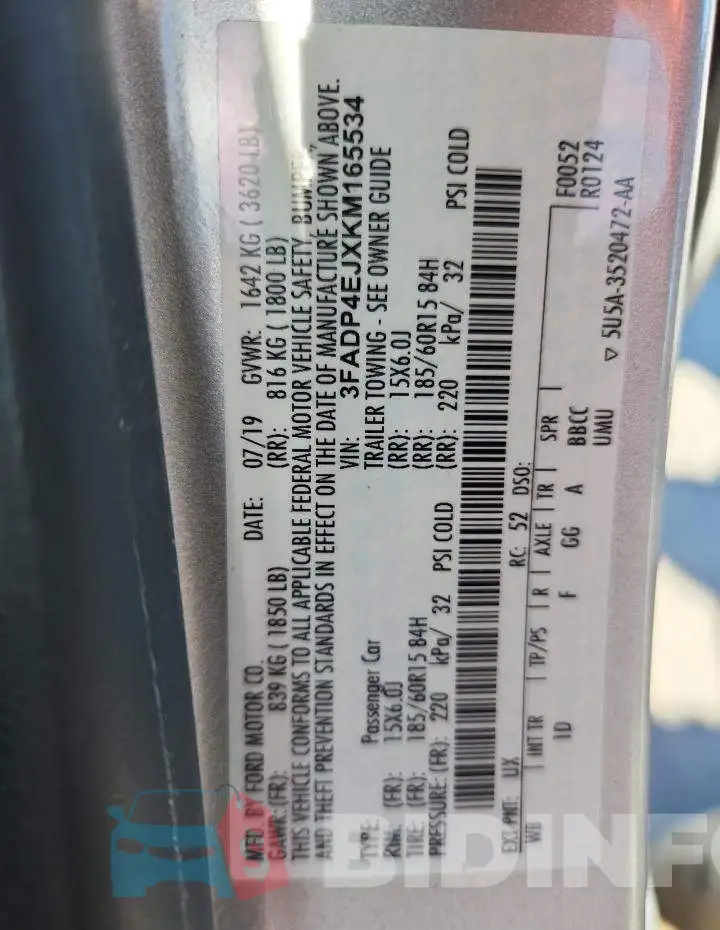 3FADP4EJXKM165534 Photo# 14