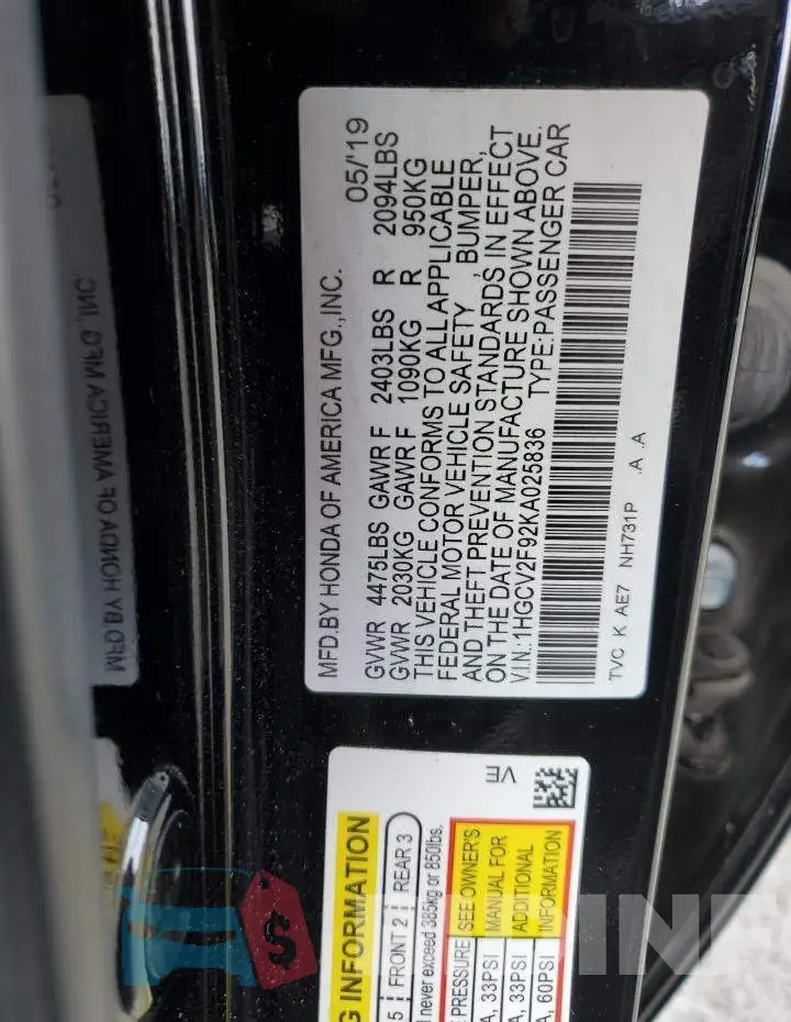 1HGCV2F92KA025836 Photo# 12