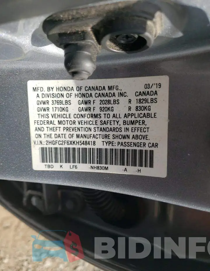 2HGFC2F6XKH548418 Photo# 12