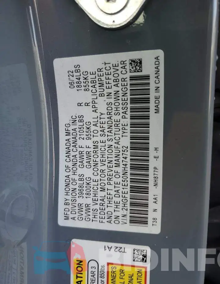 2HGFE1E50NH474752 Photo# 12