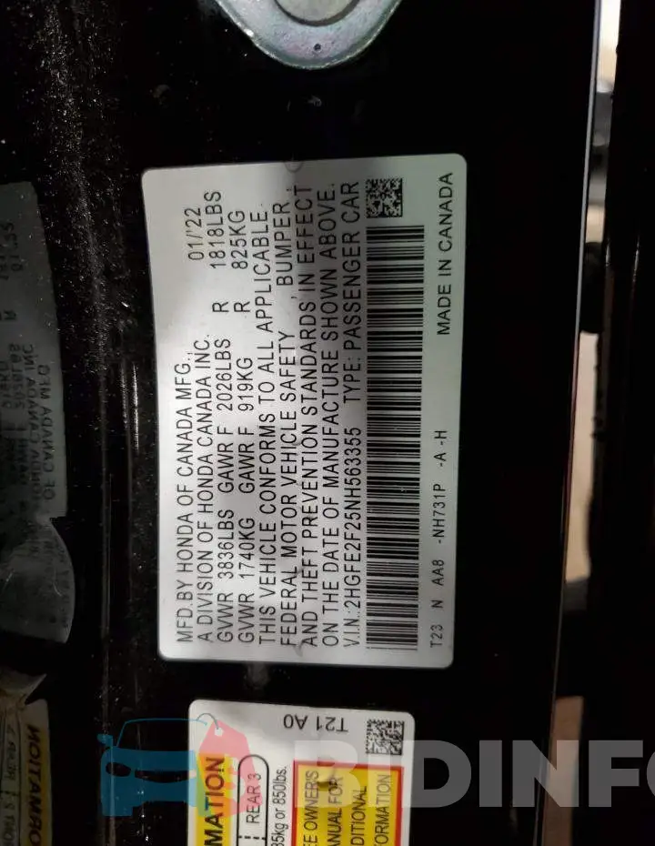 2HGFE2F25NH563355 Photo# 13