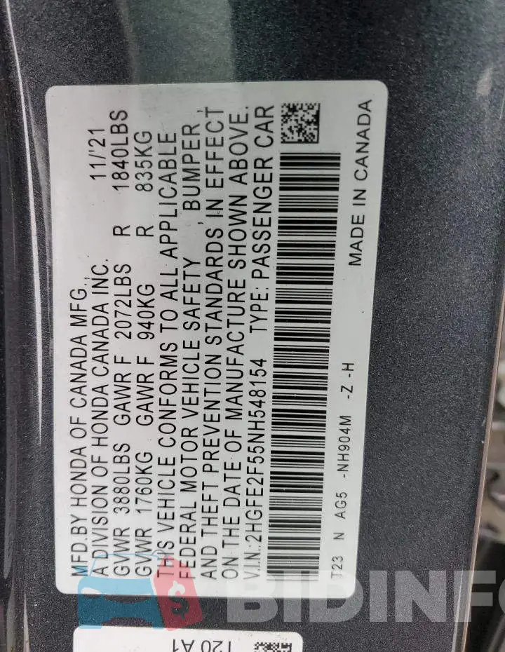 2HGFE2F55NH548154 Photo# 12