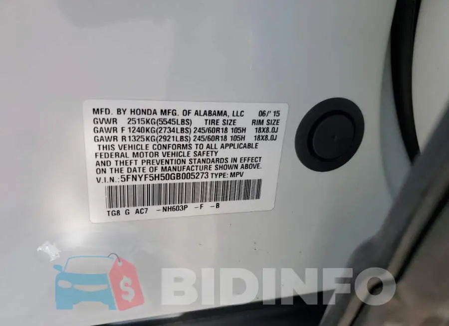 5FNYF5H50GB005273 Photo# 13