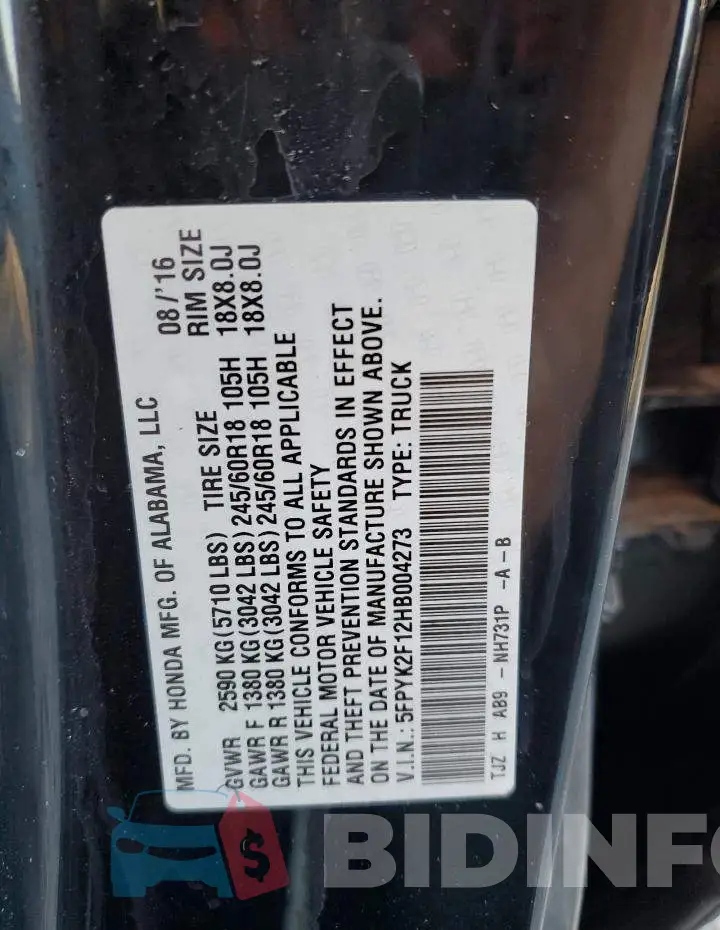 5FPYK2F12HB004273 Photo# 13