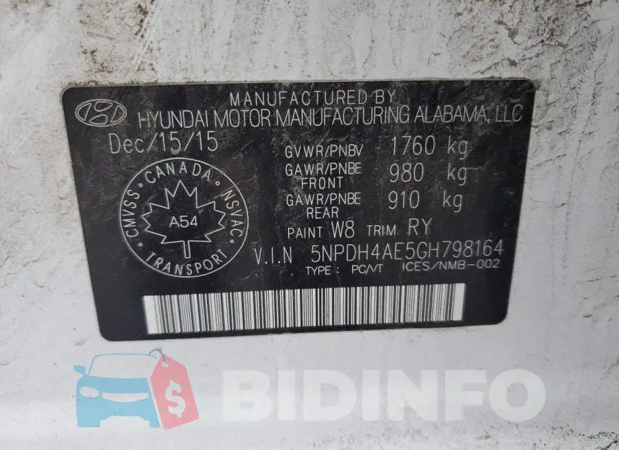 5NPDH4AE5GH798164 Photo# 12