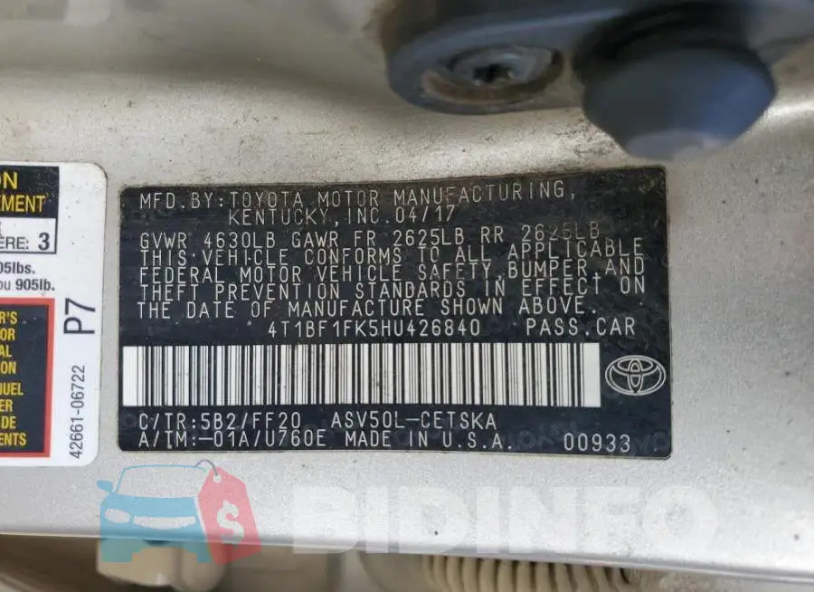 4T1BF1FK5HU426840 Photo# 12