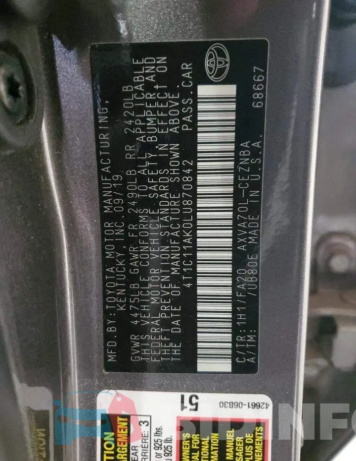 4T1C11AK0LU870842 Photo# 12