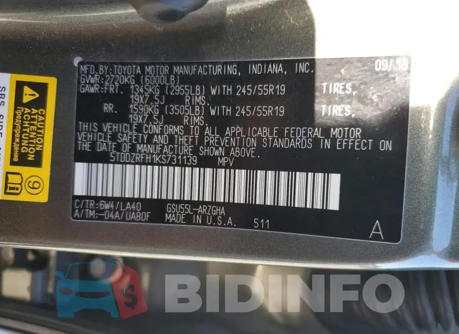 5TDDZRFH1KS731139 Photo# 14