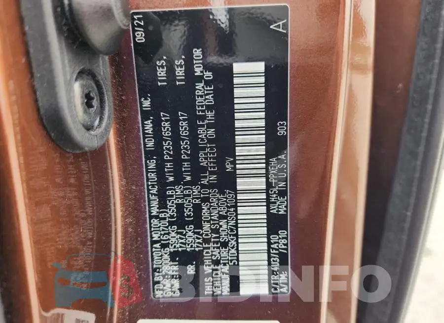 5TDKSKFC7NS041097 Photo# 14