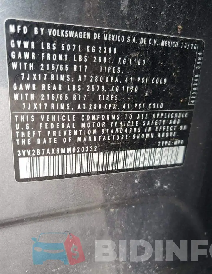 3VV2B7AX8MM020332 Photo# 13