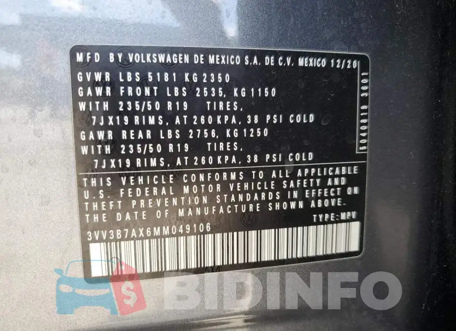 3VV3B7AX6MM049106 Photo# 13