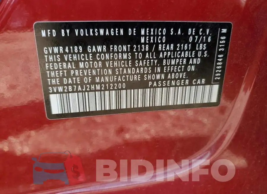 3VW2B7AJ2HM212200 Photo# 12