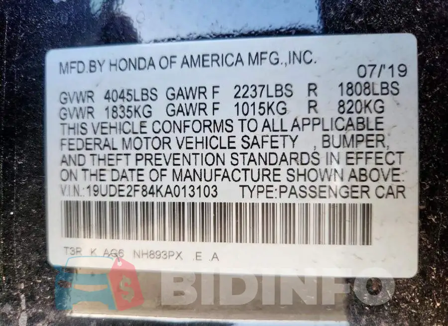 19UDE2F84KA013103 Photo# 13