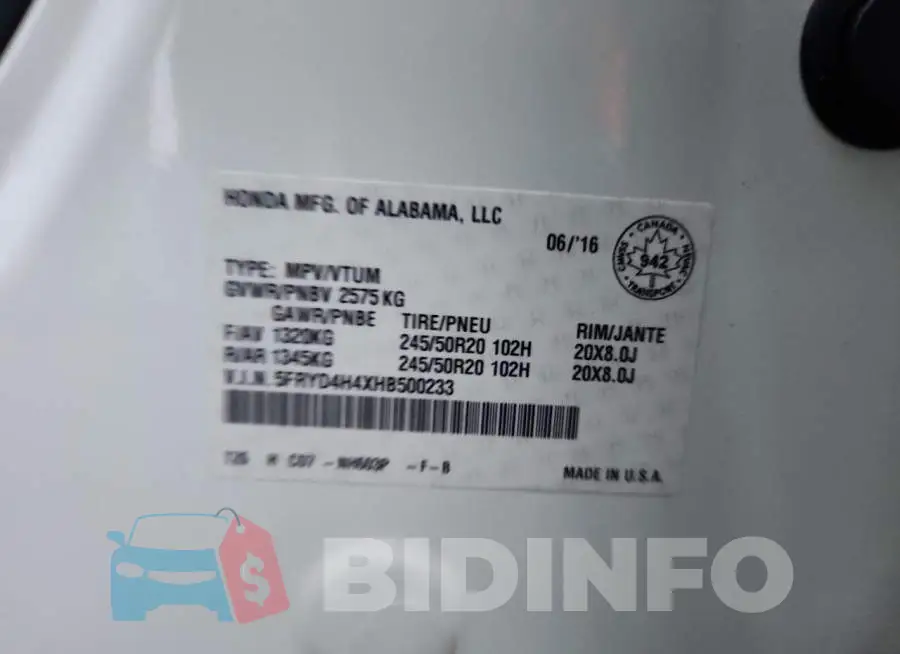 5FRYD4H4XHB500233 Photo# 13