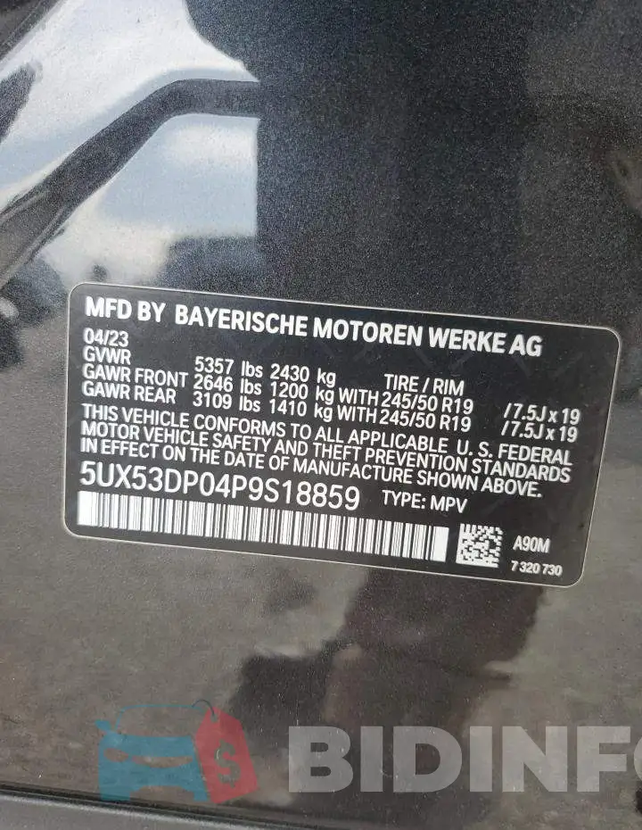 5UX53DP04P9S18859 Photo# 13