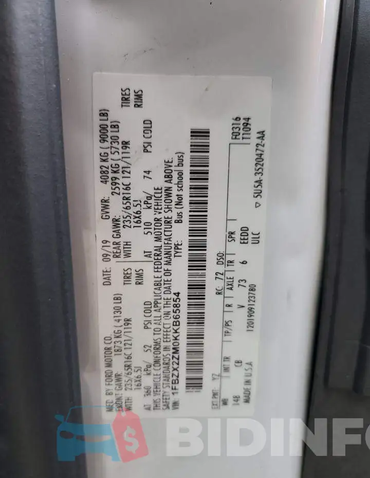 1FBZX2ZM0KKB65854 Photo# 13