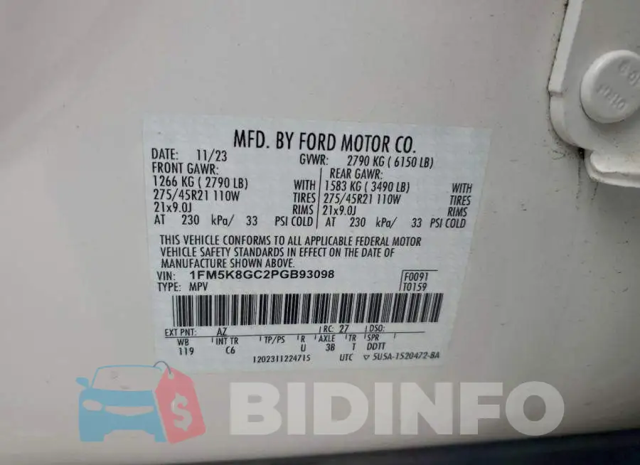 1FM5K8GC2PGB93098 Photo# 13