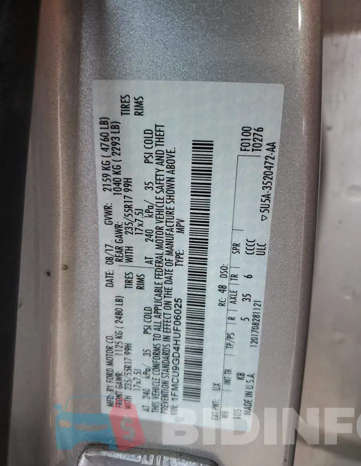 1FMCU9GD4HUF06025 Photo# 14