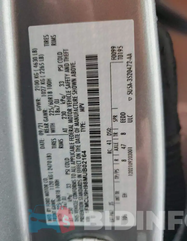 1FMCU9H98MUB02164 Photo# 13