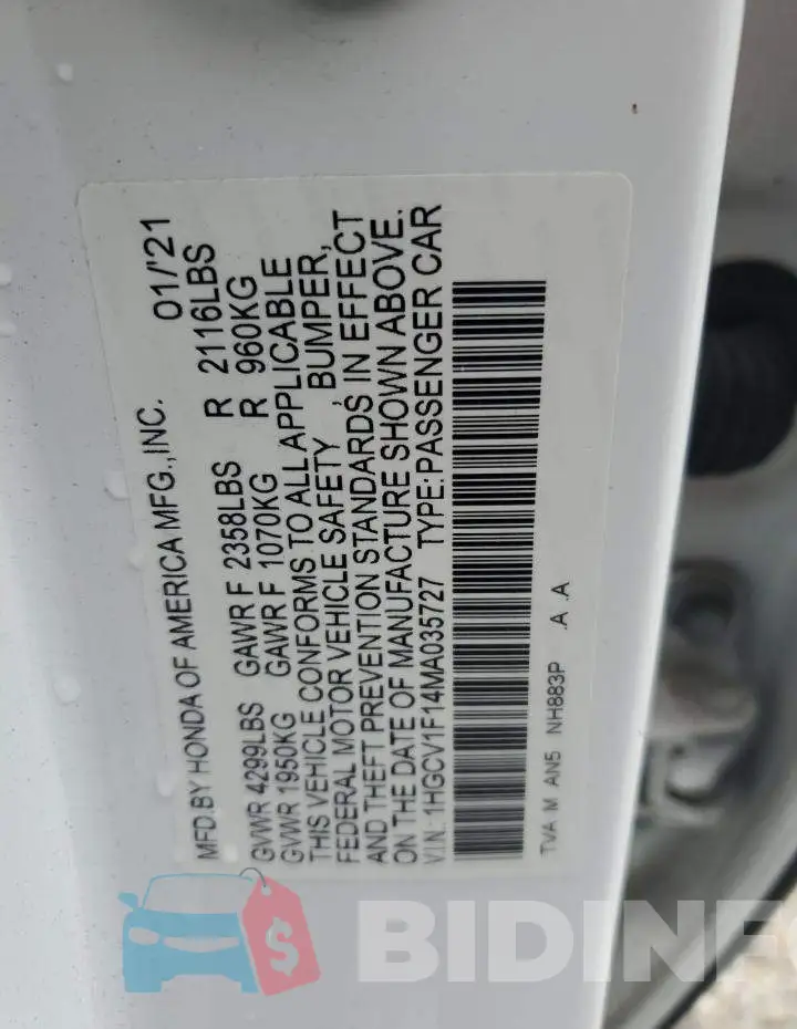 1HGCV1F14MA035727 Photo# 12
