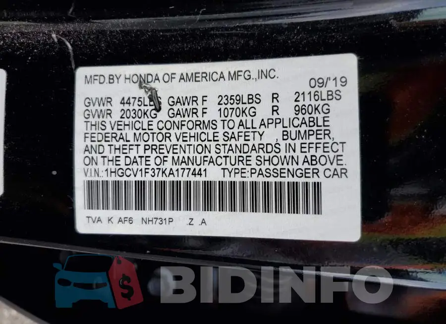 1HGCV1F37KA177441 Photo# 12