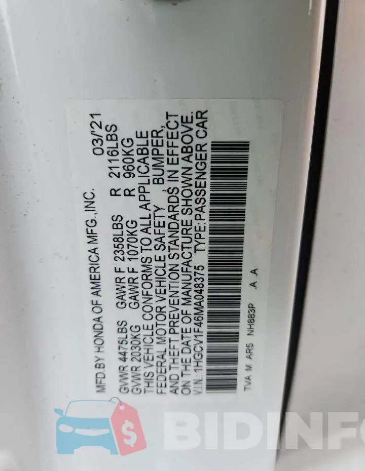 1HGCV1F46MA048375 Photo# 12